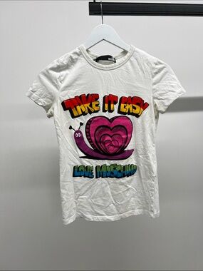 Love Moschino White Tee with Pink Heart Snail and Multicolor Graphic